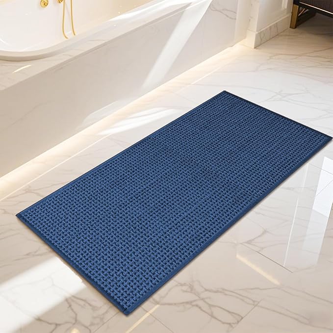 Bathroom Rugs Non Slip Washable, Super Absorbent Thin Bath Mat for Small Quick Dry Low Pile Bathroom Rug, (Navy Blue, 47″x20″)