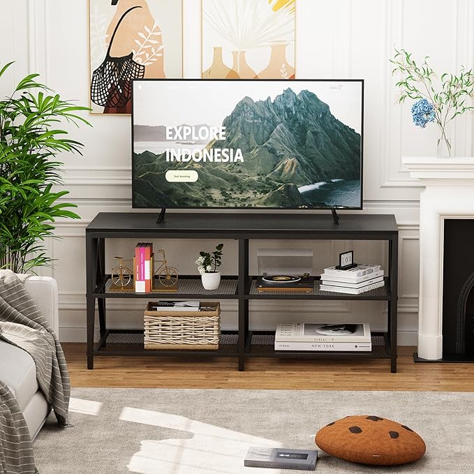 TV Stand for TVs up to 60 Inch, 43" Long Industrial TV Console Table with 3-Tier Storage Shelves, Entertainment Center for Living Room, Bedroom (Black)