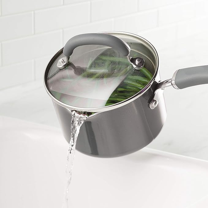 Rachael Ray 12021 Create Delicious Nonstick Sauce Pan / Saucepan with Straining and Lid, 3 Quart - Gray Shimmer
