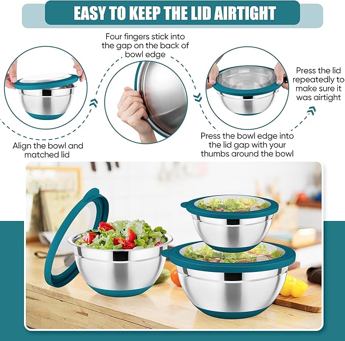 P&P CHEF Blue Mixing Bowls Set of 6, Stainless Steel Mixing Bowl with Visible Lids for Salad, Metal Nesting Serving Bowls for Kitchen Cooking Prepping Storing Food, 4.6/3.5/2.6/2/1.5/1 QT