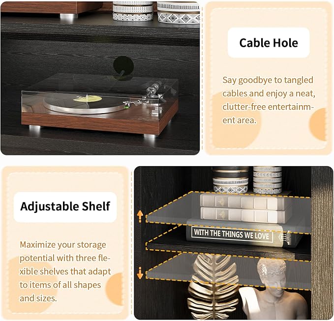 MXV 59'' Fireplace TV Stand, Farmhouse Entertainment Center with 3 Sided Glass TV Stand, Modern Media Console Table with Storage Drawers & Cabinets with LED Flame and Lights for Living Room, Black