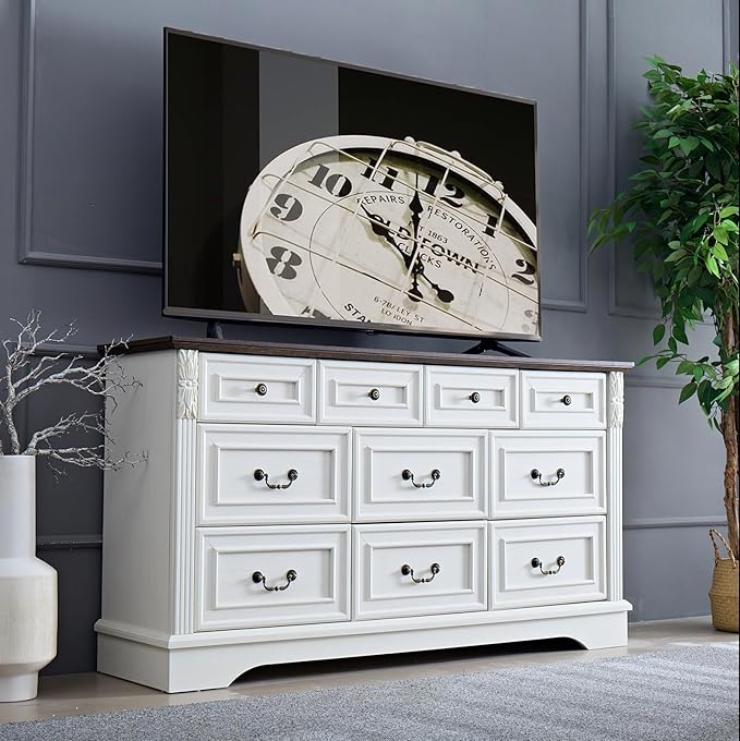 BLANKSPACE Farmhouse Dresser for Bedroom, 10 Chest of Drawers Antique White Cabinet Organizer with Carved Design for Living Room