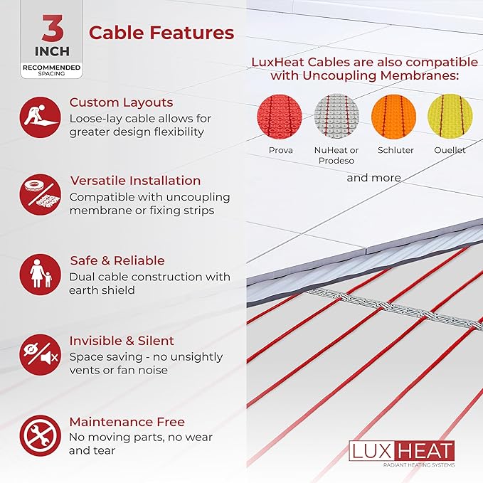 60sqft Floor Heating Cable Kit - 120v Heated Flooring Under Tile - Heated Flooring System Includes UDG Programmable Thermostat w/GFCI, Under Floor Heating Cable, Strapping, Sensor & Alarm