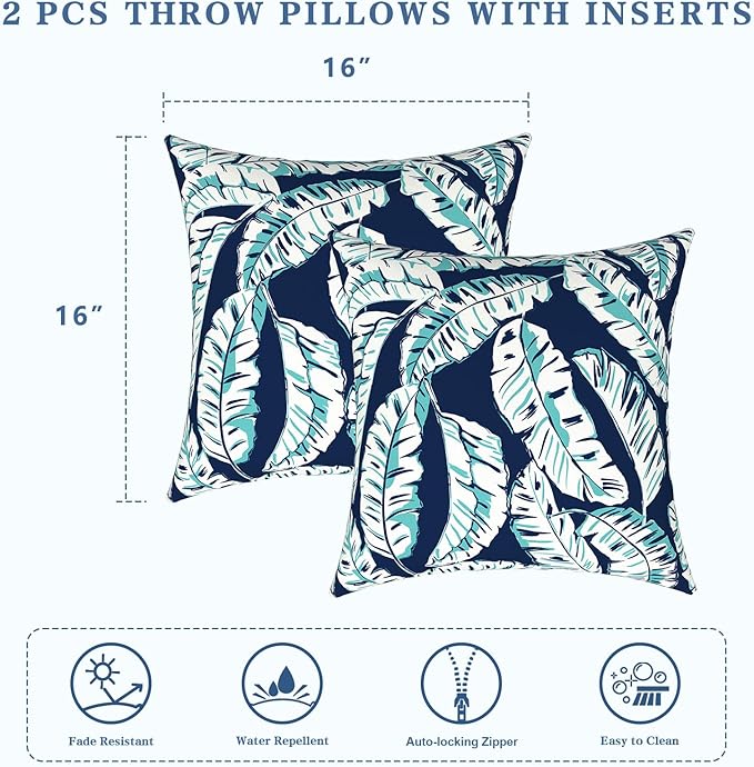 LVTXIII Outdoor Throw Pillows, Decorative Throw Pillows with Inserts, 16"x16" Square Pillows for Bed, Couch, Sofa and Patio Furniture, Set of 2, Baltic Palms White