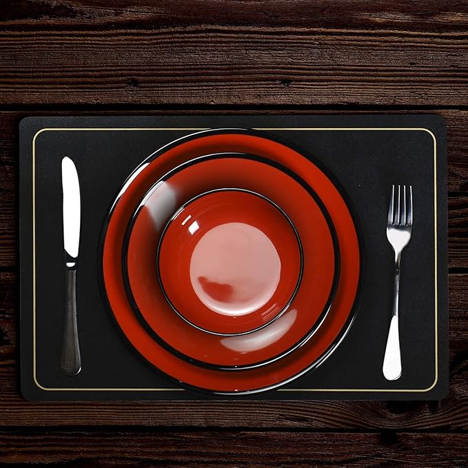 TP 18-Piece Dinnerware Set, Melamine Dishes Set with Bowls and Plates, Service for 6, Non-breakable Lightweight Dining Tableware, Black and Red