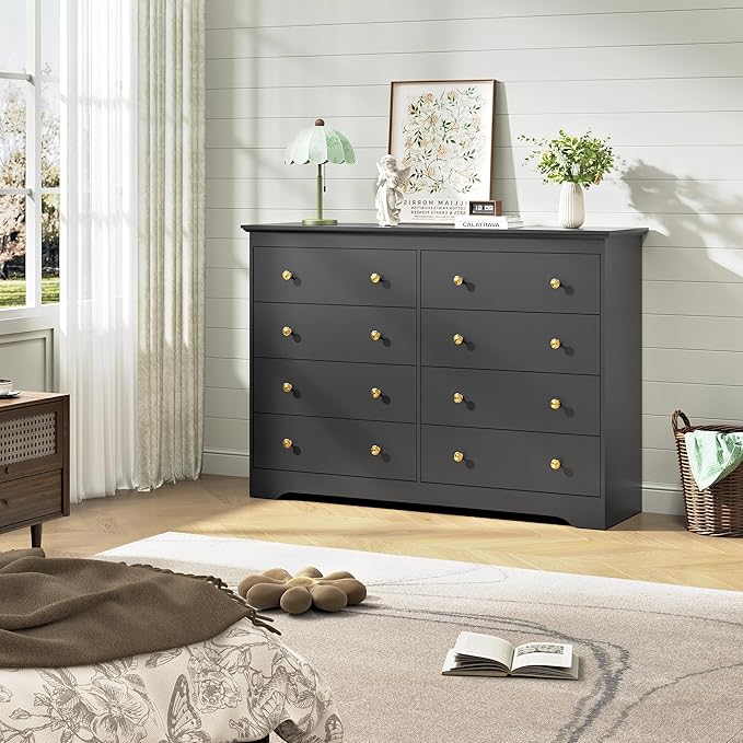Black Dresser for Bedroom，55" Wide 8 Drawers Dressers,Modern Wooden Chest for Living Room, Hallway
