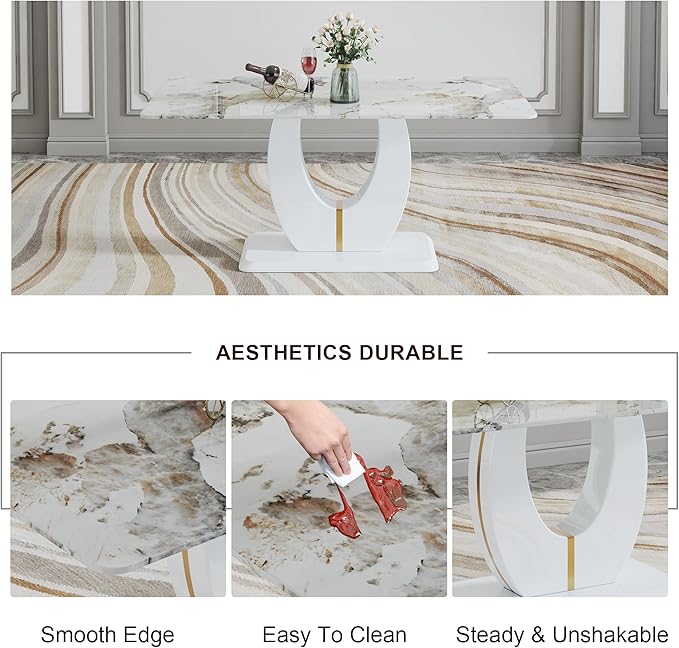 Dining Set for 6 - 71'' Faux Marble Table With PU Leather Upholstered Chairs for Kitchen and Dining Room (White-Golden)