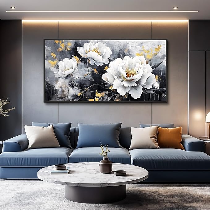 PHAOHUAXM Large Canvas Black Framed Wall Art Decor For Living Room Bedroom Abstract Painting Ink-Wash White Flowers With Home Dining Room Decorations Prints Posters Modern Room Home Decor 24"X48"