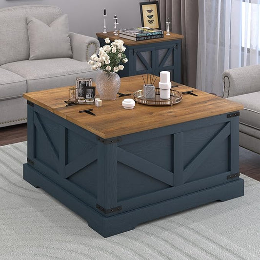Farmhouse Coffee Table with Hidden Storage Compartment, Square Coffee Table for Living Room, Wood Center Table with Hinged Lifting Tabletop for Home, Navy Blue