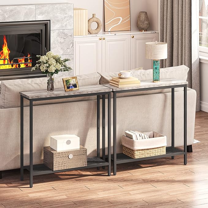 HOOBRO 29.5" Narrow Console Table, Small Entryway Table with Shelf, 2 Tier Thin Sofa Table, Behind Couch Table, Side Table, for Hallway, Living Room, Bedroom, Greige and Black BG74XG01