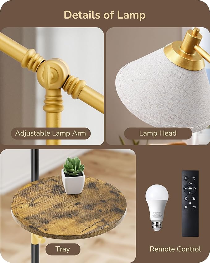 EDISHINE 68" Arc Floor Lamp with Table, Vintage Standing Lamp for Living Room with Tray, Height Adjustable, 5 Color Temperatures LED Bulb Included, Beige Shade, for Bedroom Office, Wood Grain