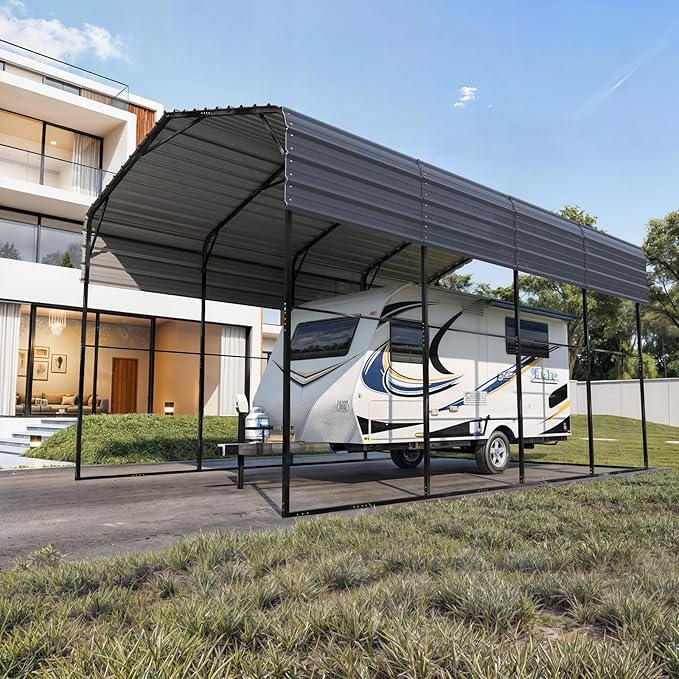 EROMMY 14x20 FT RV Metal Carport, Heavy Duty Carports with Reinforced Steel Frame, Weather-Resistant Galvanized-Steel Roof Shelters, Outdoor Car Shed for 2 Vehicles, Truck, Boat and SUV, Gray
