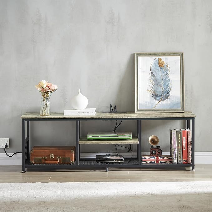 VECELO TV Stand with Power Outlets for Televisions up to 65Inch, 55" Media Entertainment Center with Charging Station 3-Tier Open Storage Shelves with Metal Frame for Living Room/Bedroom，Grey