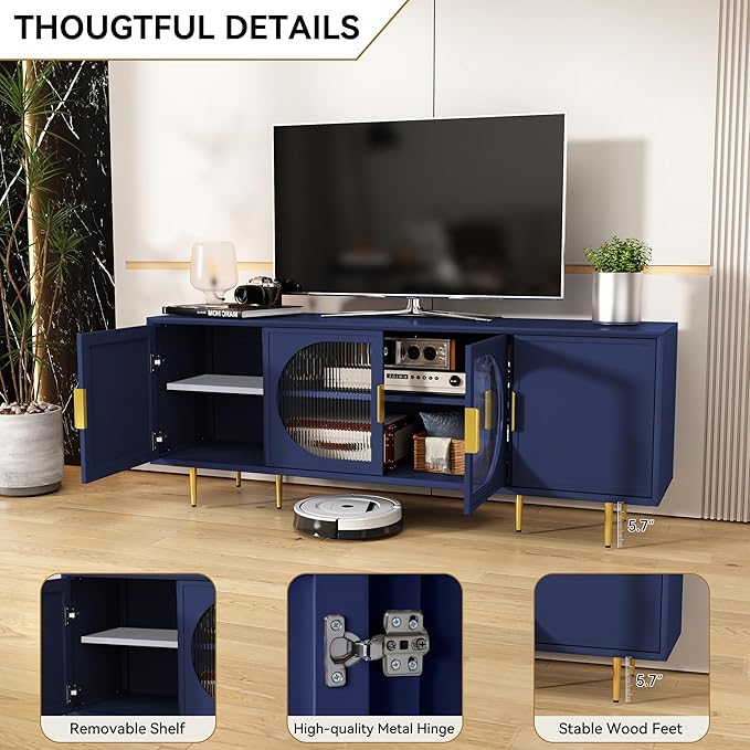 ARTPOWER Modern TV Stand for TVs up to 70+ inch, Glass Door Television Console Table with Gold Leg, Entertainment Center with Storage Cabinet, Wood Media Furniture for Bedroom, Living Room, Blue