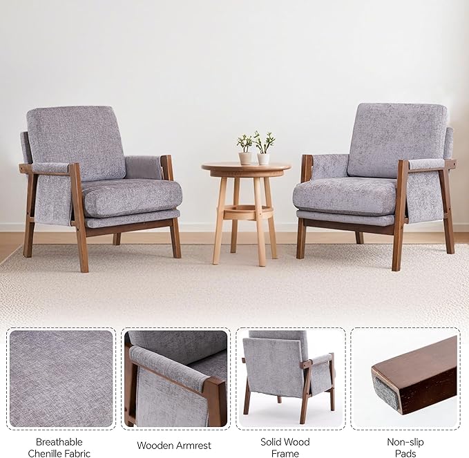 Mid Century Modern Accent Chair with Wood Frame, Upholstered Living Room Chairs with Wide Armrest, Chenille Fabric Lounge Reading Arm Chair for Bedroom, Reading Room, Balcony, Gray