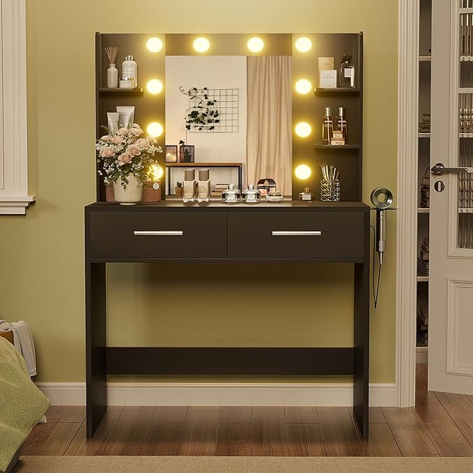 YESHOMY Vanity Desk with Mirror, Makeup Table with 2 Large Drawers, Power Outlet and Round Holder, 3 Color Modes Adjustable Bulb, Pure Black