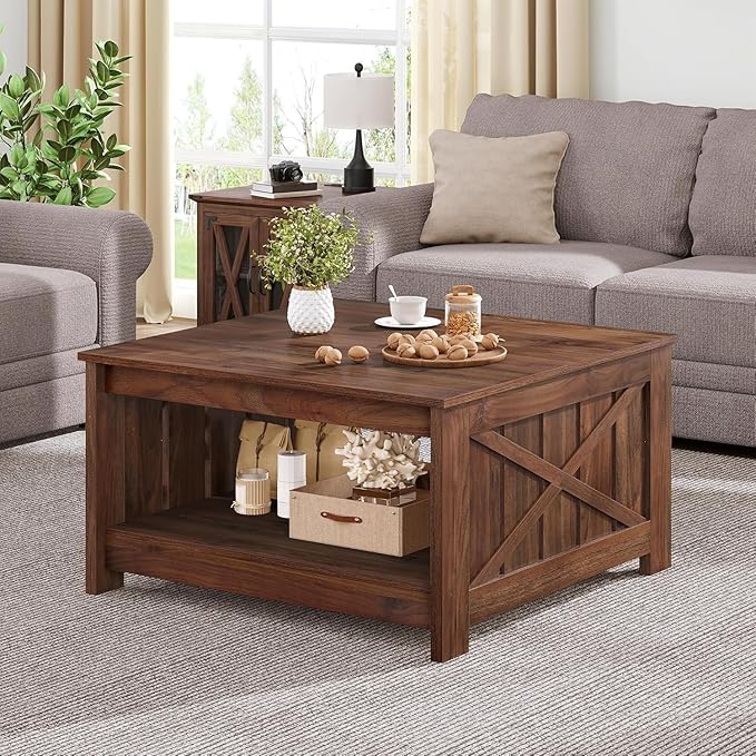 YITAHOME Farmhouse Coffee Table with Storage, Coffee Tables for Living Room Rustic Wood Cocktail Table, Square Coffee Table for Living Meeting Room with Half Open Storage Compartment, Walnut