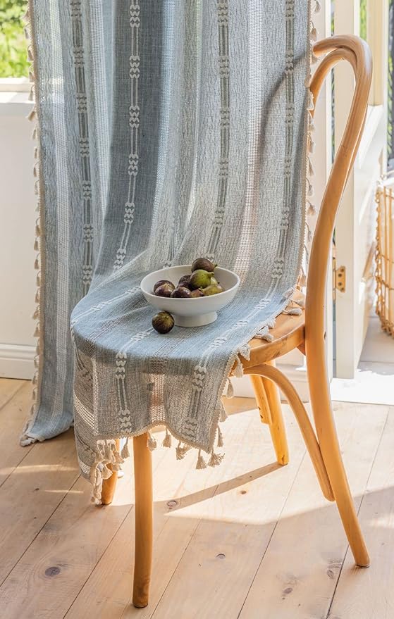 Boho Embroidery Striped Farmhouse Curtains - 96 Inch Long, 2 Panel Set, Blue Linen, Tassel, Semi-Blackout, Living Room (52" W x 96" L)