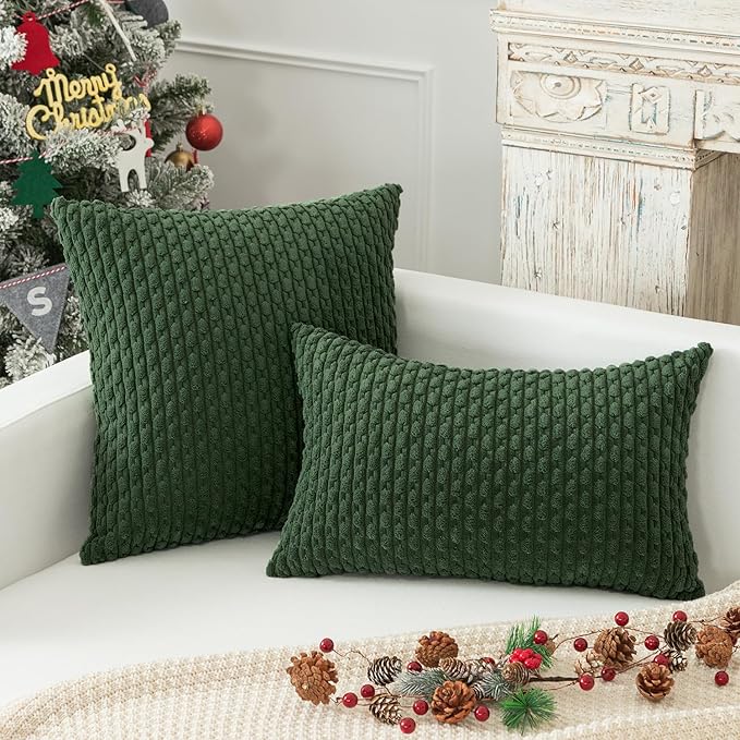 Kevin Textile Pack of 2 Corduroy Decorative Throw Pillow Covers 18x18 Inch Soft Boho Striped Pillow Covers Modern Farmhouse Home Decor for Sofa Living Room Couch Bed Dark Green
