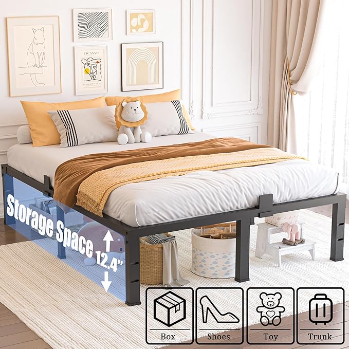 Full Size Bed Frame 12 inch High 3500 lbs Heavy Duty Metal Platform Mattress Foundation with Steel Slat Support/No Box Spring Needed/Noise Free/Non-Slip/Easy Assembly