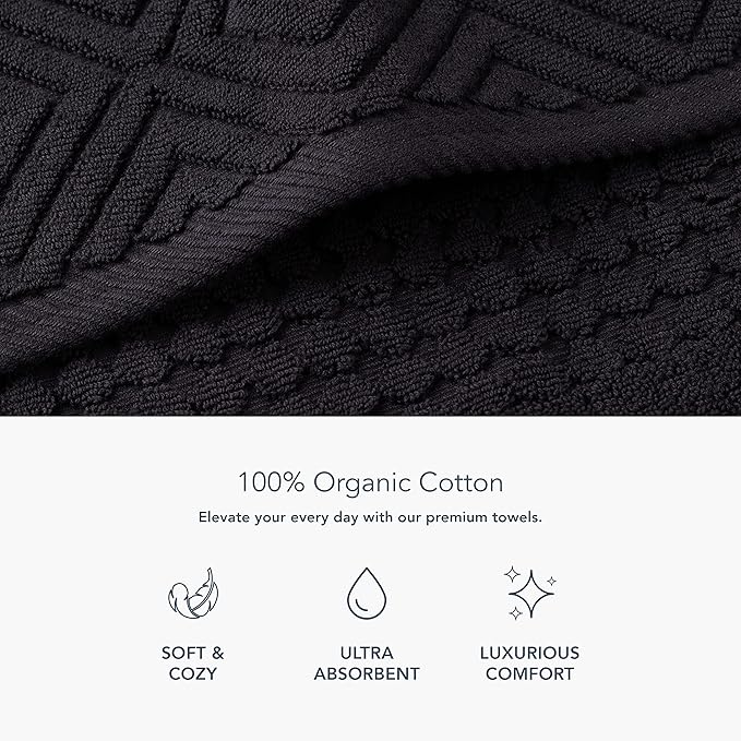 Texere 100% Organic Cotton Diamond Jacquard 700 GSM Luxury Bath Towel Sets - Ultra Soft and Absorbent Hotel and Spa Quality (Diamond, Black, 4 Bath Towels)