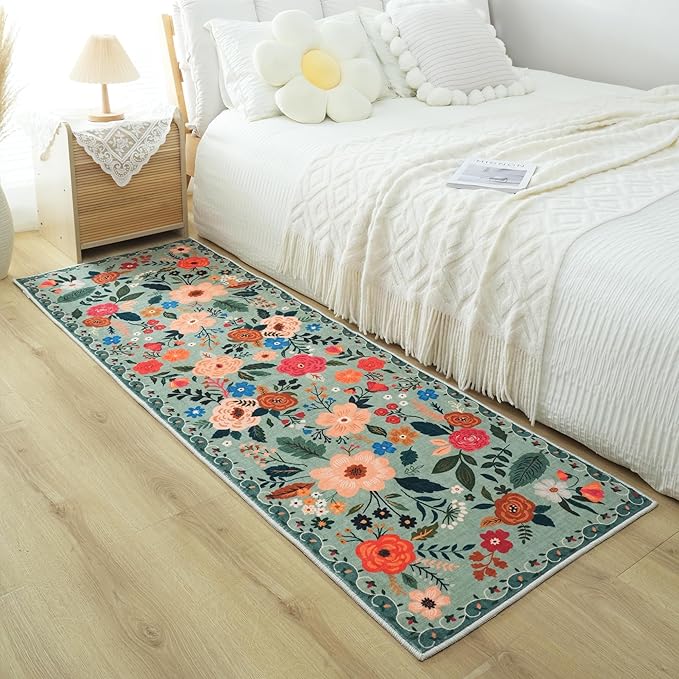 Runner Rug for Hallways Kitchen Rug Non Slip 2'x 6' Washable Rugs with Rubber Backing Soft Floral Carpet Runner for Hallways, Kitchen, Laundry, Bedroom, Bathroom(Green)