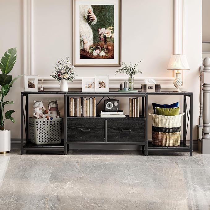 Homeiju TV Stand for TVs up to 75 Inch, Entertainment Center with Fabric Drawers, TV Media Console Table with Open Storage Shelves for Living Room, Bedroom, Black