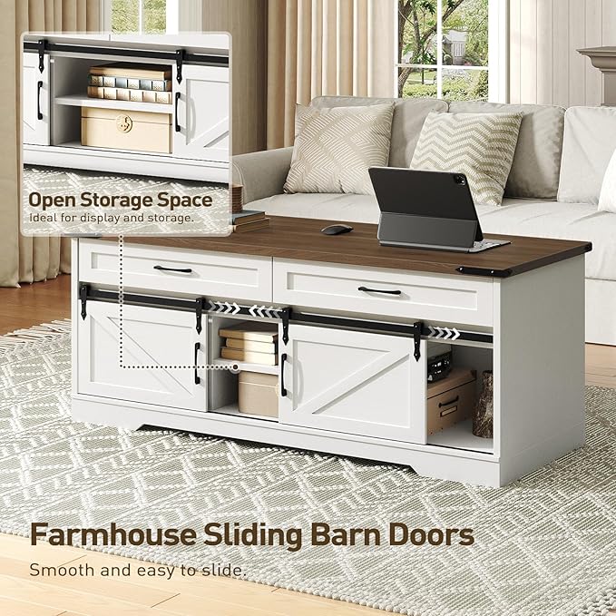 47" Farmhouse Coffee Table with Storage and 2 Drawers, Large Rustic Center Table with Sliding Barn Doors & Open Compartments, Wooden Coffee Table for Living Room, White and Walnut