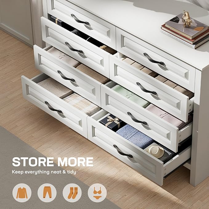 Amada Farmhouse 8 Drawer Dresser for Bedroom, 47.2 Inch Wide Wood Dresser with Natural Texture, Large Drawers, Rustic Farmhouse Chest of Drawers for Bedroom, Living Room, Hallway, White