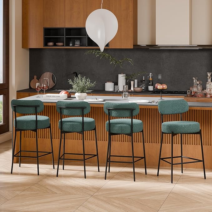 DYHOME Bar Stools Set of 4, 24 Inches Modern Counter Height Bar Stools with Curved Back Metal Legs, Green Upholstered Boucle Barstools for Kitchen Island, Cafe