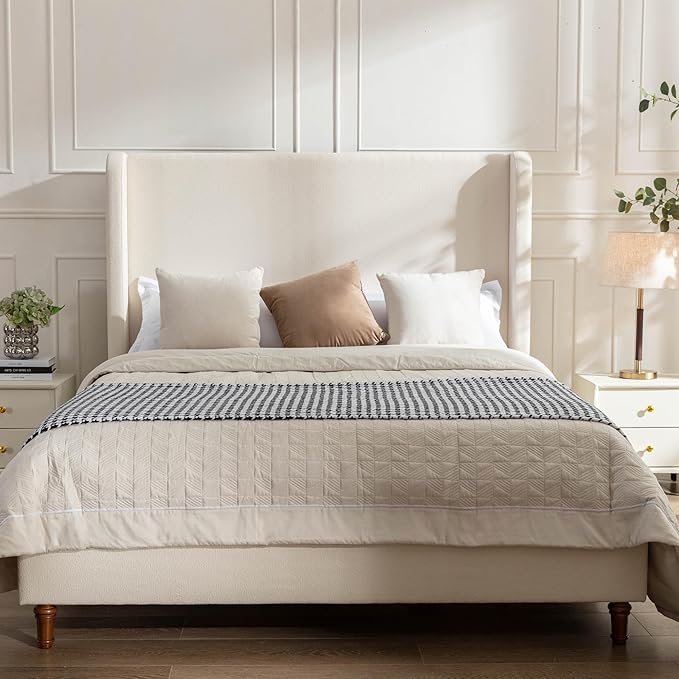 54" Tall Headboard Bed Frame with Boucle Upholstery, High Wingback Platform Bed, Sturdy Metal Foundation and Solid Wood Feet (Ivory, Queen (U.S. Standard))