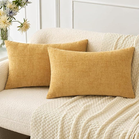 MIULEE Pack of 2 Couch Throw Pillow Covers 12x20 Inch Soft Gold Chenille Pillow Covers for Sofa Living Room Solid Dyed Pillow Cases