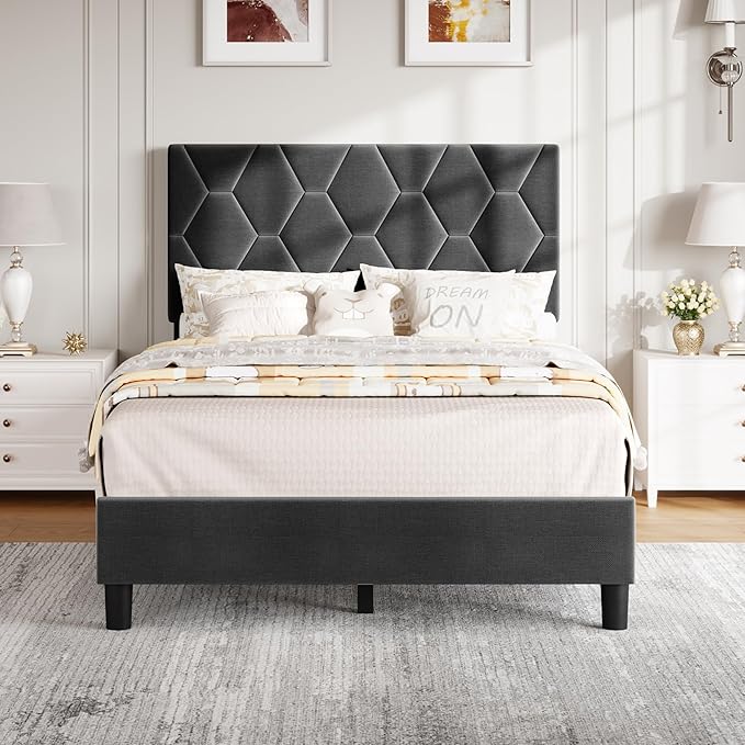 GAOMON Grey Twin Bed Frame with Upholstered Headboard, Heavy-Duty Platform Bed Frame with Strong Wood Slats, No Box Spring Needed/Noise Free/Easy Assembly
