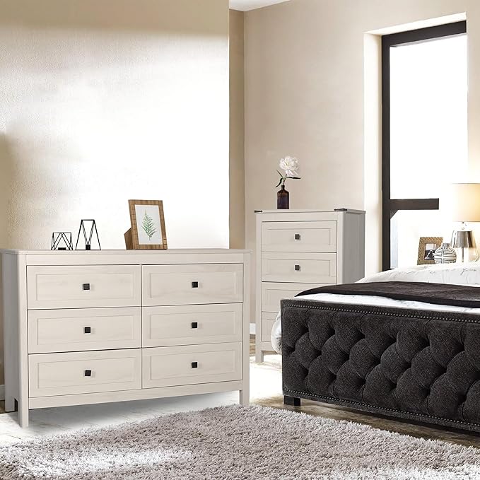 Farmhouse 6 Drawer Dresser and Double Dresser Chest of Drawers Wide Storage Organizer for Bedroom, Living Room, Rustic Beige