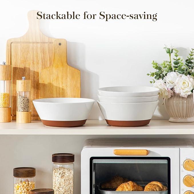 MALACASA Salad Bowls Set of 4, Soup Bowls for Kitchen, 60oz Large Ceramic Bowl for Ramen, Cereal, Fruit, Pho and Pasta, Microwave & Dishwasher Safe, Speckled Deep Bowls, White & Brown