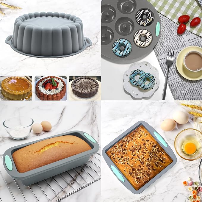 To encounter 49 Pieces Silicone Bakeware Set, Heat Resistant Baking Pans, Nonstick Baking Molds for Cake, Bread and Muffin, with Measuring Cups and Spoons Set, Light Grey