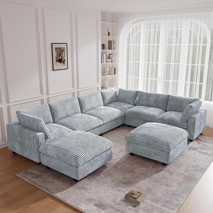 JACH 157" Modern Sectional Couch, Overzised Down Filled Soft Sofa, Deep Seat 8 Seater Convertible Modular Cloud Sofas for Living Room, Minimalist Couches,Sofa Cover Removable, Light Grey