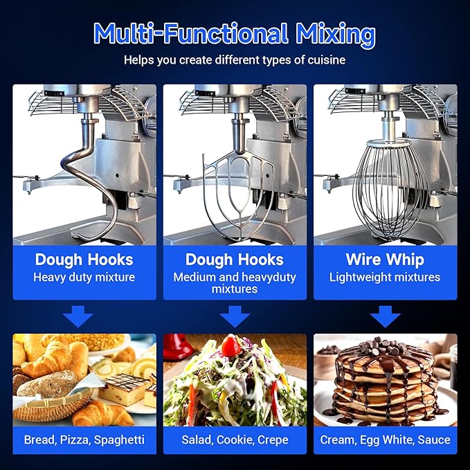 30Qt Commercial Food Mixer with Timing Function,1250W Commercial mixer 3-Speed Adjustable Heavy Duty, Electric Stand Food Mixer with Stainless Steel Bowl for Bakery Pizzeria. (Standard)