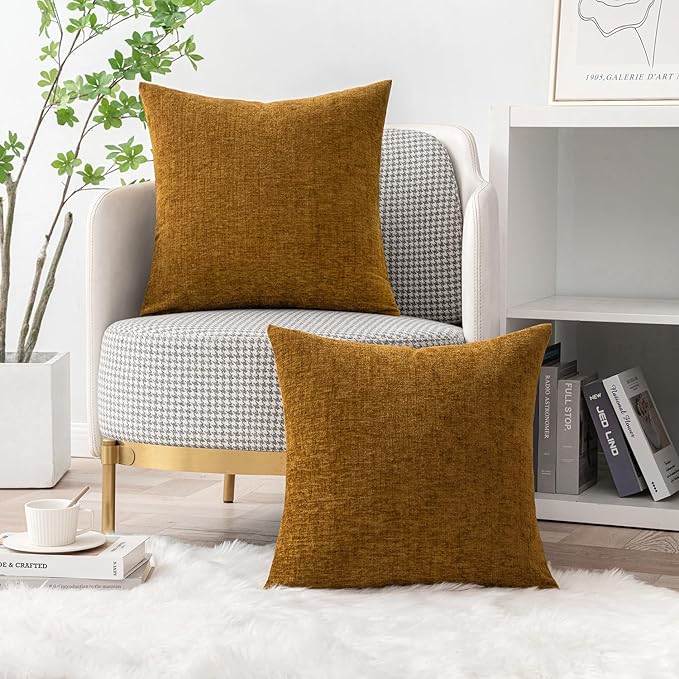MIULEE Pack of 2 Couch Throw Pillow Covers 20x20 Inch Soft Mustard Chenille Pillow Covers for Sofa Living Room Solid Dyed Pillow Cases