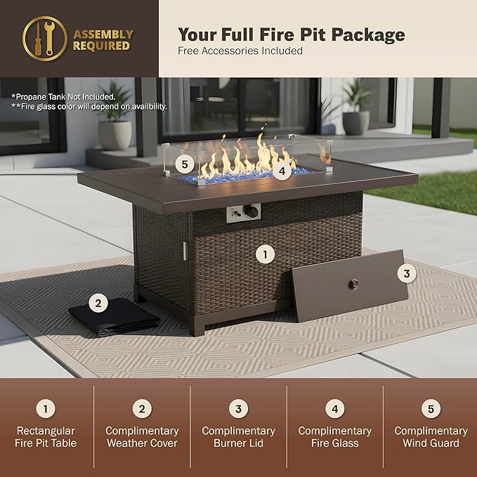 52 Inch Outdoor Fire Pit Table, 50000 BTU Propane Fire Pits with Wind Guard and Fire Glass, CSA Certified Patio Fire Table, Rectangular Aluminum Rattan Fire Table for Outside Patio, Backyard, Brown