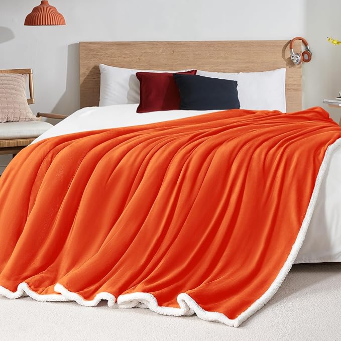 BEAUTEX Orange Sherpa Fleece Throw Blankets, Soft Fluffy Flannel Plush Blanket and Throw, Fuzzy Cozy Fall Halloween Blankets for Couch Bed Sofa Adults (50" x 60",)