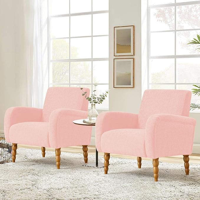 Chenille Fabric Accent Chair Set of 2, Upholstered Armchair with Solid Wood Legs, Modern Living Room Accent Chair, Comfy Single Sofa Chair Reading Club Chair for Bedroom Reception Lounge,Pink