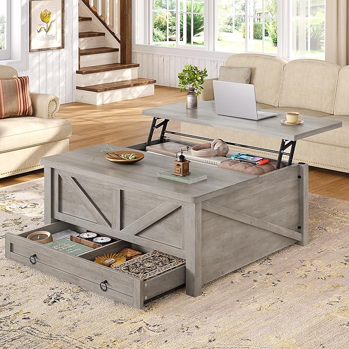 Itaar Wooden Coffee Table, Lift Top Coffee Table with Storage, Square Coffee Tables with Drawers and Hidden Compartment, Center Table for Living Room, Home Office, Grey