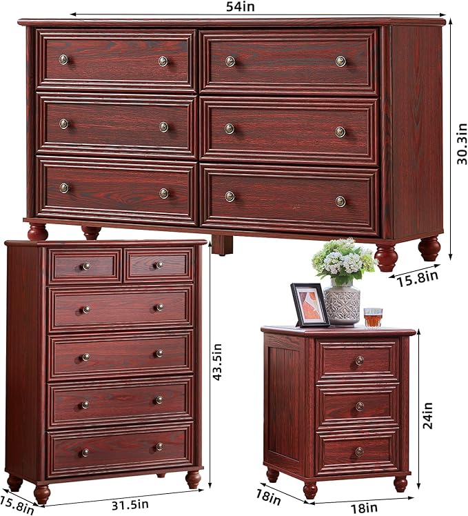 Farmhouse Dressers & Night Stand Set of 3, Wood 54" Wide Dresser & 43.5"Tall Chest of Drawers, 18" Roman Column Nightstand, Bedroom Furniture 6 Drawer Dresser Set for Bedroom Home Living Room Hallway