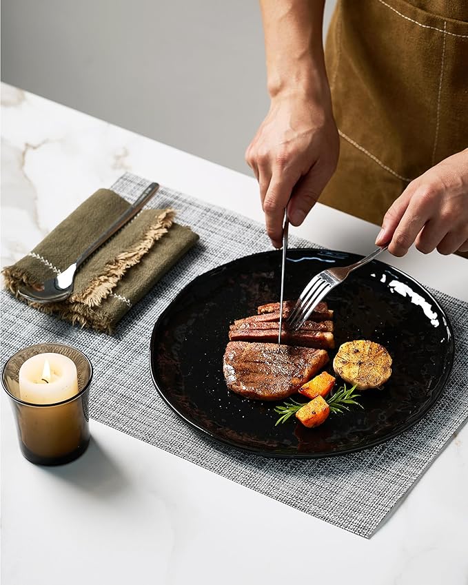 Famiware Porcelain kitchen plates and bowls set, Modern dishes set for 6, Handmade Wave Edge Dinnerware Sets, Microwave and Dishwasher Safe Tableware, Glossy-black (24pc)