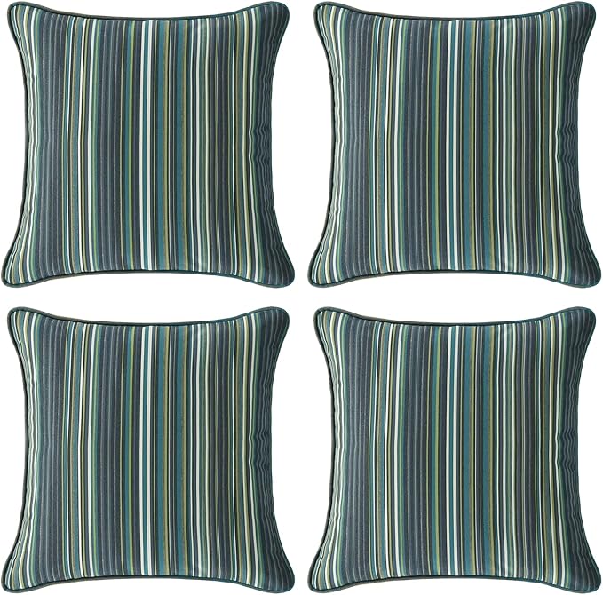 Sunbrella Decorative Outdoor Water Repellent Throw Pillows with Inserts, Set of 4, 18" x18" Pillows for Patio, Backyard, Bed, Couch, and Patio Furniture, Beach Stripe Lagoon