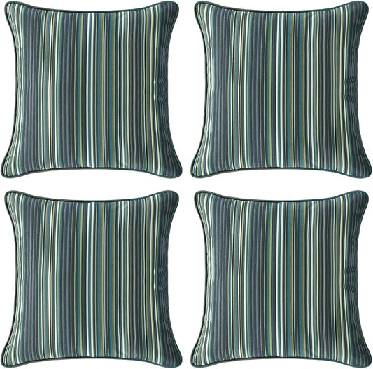 Sunbrella Decorative Outdoor Water Repellent Throw Pillows with Inserts, Set of 4, 18" x18" Pillows for Patio, Backyard, Bed, Couch, and Patio Furniture, Beach Stripe Lagoon