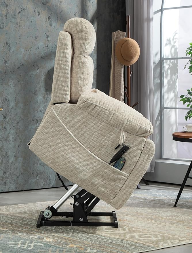 Large Power Lift Recliner Chair with Massage and Heat for Elderly, 26in Extra Wide Recliner Chair with Cup Holder Support Big and Tall People, 400lbs Capacity Adults (Cream Chenille)