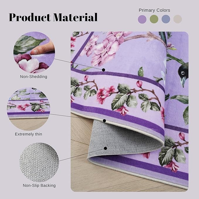 Runner Rug for Kitchen 2'6"x8' Washable Rugs with Rubber Backing Soft Floral Bird Magpies Floral Animal Carpet Runner for Kitchen, Laundry, Bedroom, Bathroom (Purple)