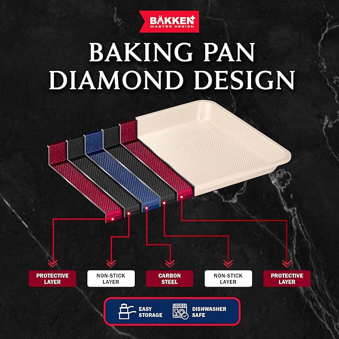 BAKKEN Kitchen Baking Pan - Small, Medium, and Large Cookie Pan (13.58×9.65, 15.75×11, 17.91×12.60), Nonstick, Diamond Texture Bottom, PFOA, PFOS, PTFE Free, Oven Safe (450°F), Pack of 3, White Marble
